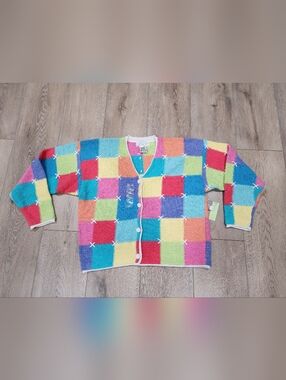 Vintage Mandal Bay Sweater Cardigan Spring Pastel Colorblock Knit Women's Size M